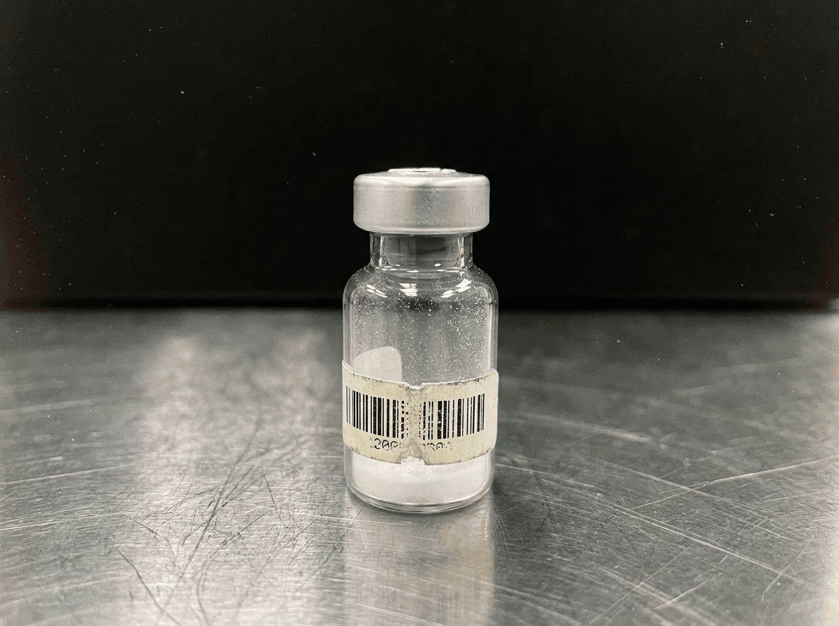 Sealed peptide vial under analytical light